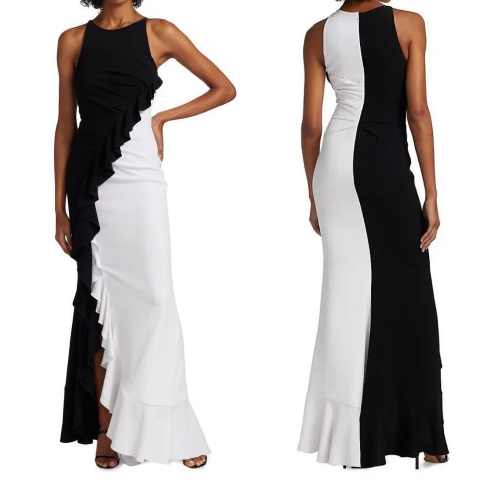 Talbot Runhof Two Tone Ruffle Column Maxi Gown Black White Size 6 NWT